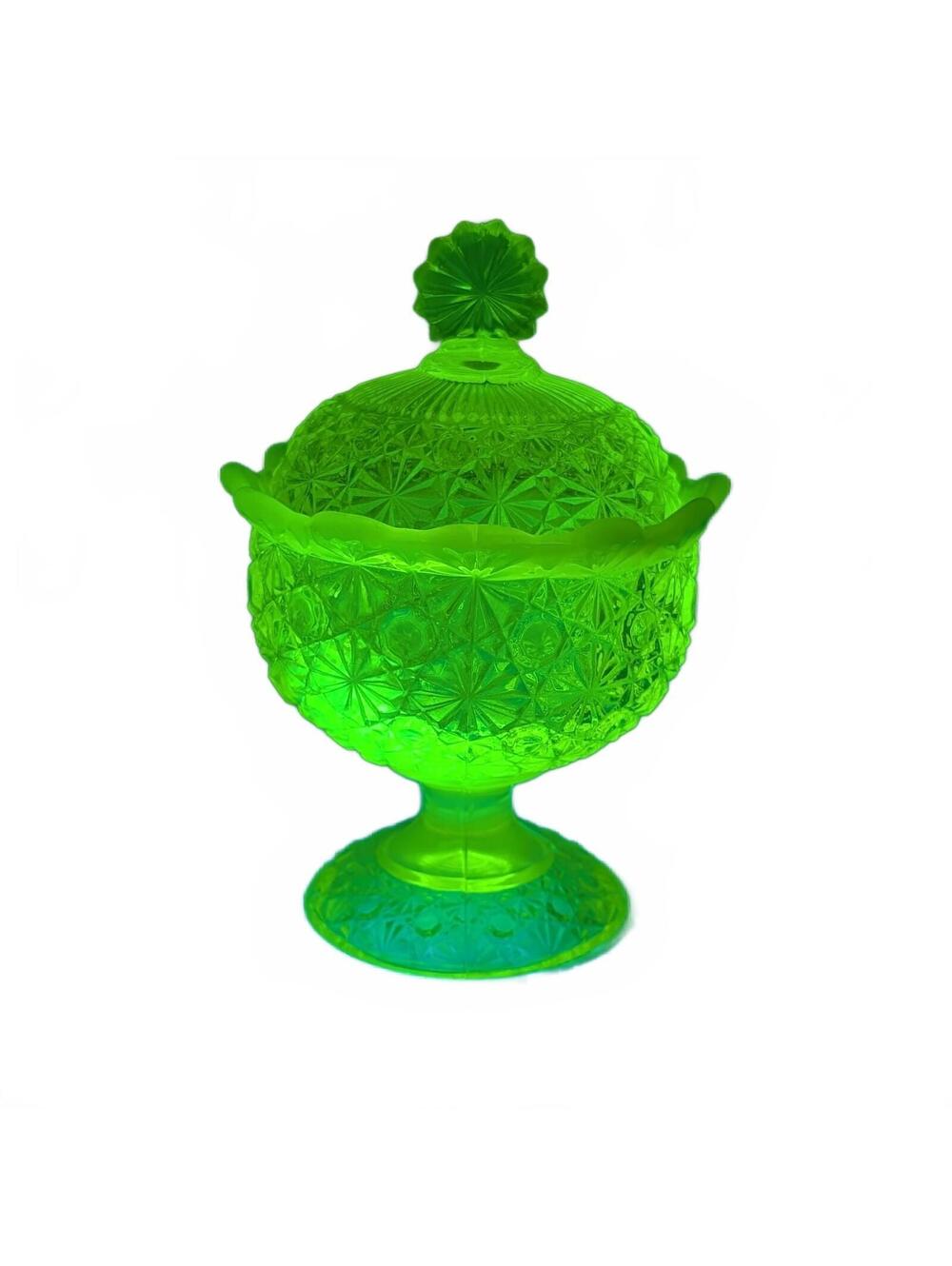 L.G. Wright #22-17 Topaz Opalescent Vaseline Daisy & Button Covered Compote